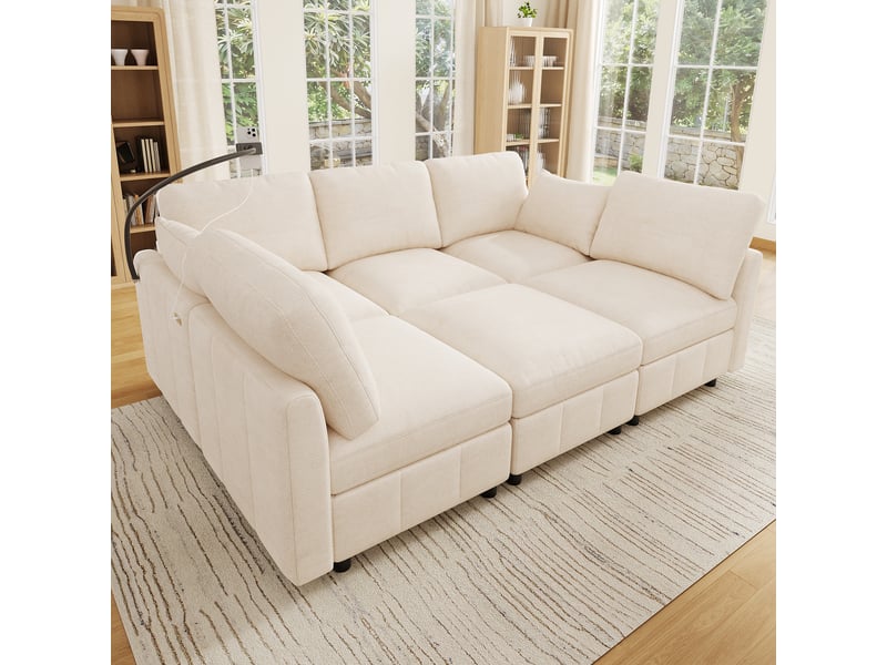 Canapé d’angle modulable 218 x 157 x 85 cm 6 places , forme ul, pouf mobile, 2 coussins, usbtype-c 24 w, support téléphone, chenille, beige Bliss Lite - Conforama D