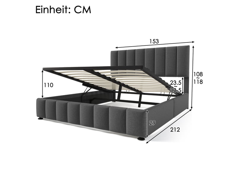  Lit coffre 140x200 cm, espace de rangement, hydraulique avec rangement et tête de lit réglable, gris, matelas inclus  - Conforama C