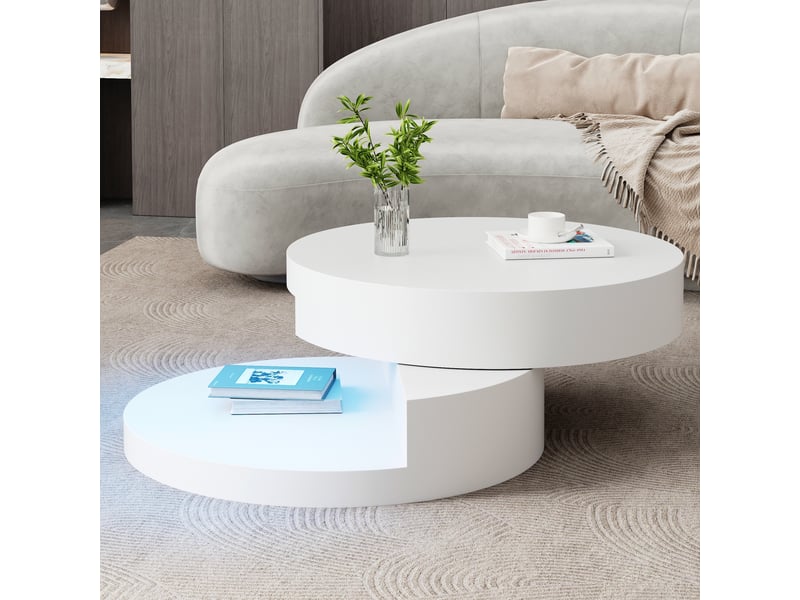 Table basse ronde blanche pivotante 360° avec led, table de salon double plateau mdf, 70x70x35.5cm - Conforama R