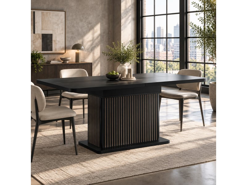  Table extensible avec rangement dissimulé à portes, pour salle à manger, en mdf et métal, noire, 120 × 80 × 76 cm  - Conforama B