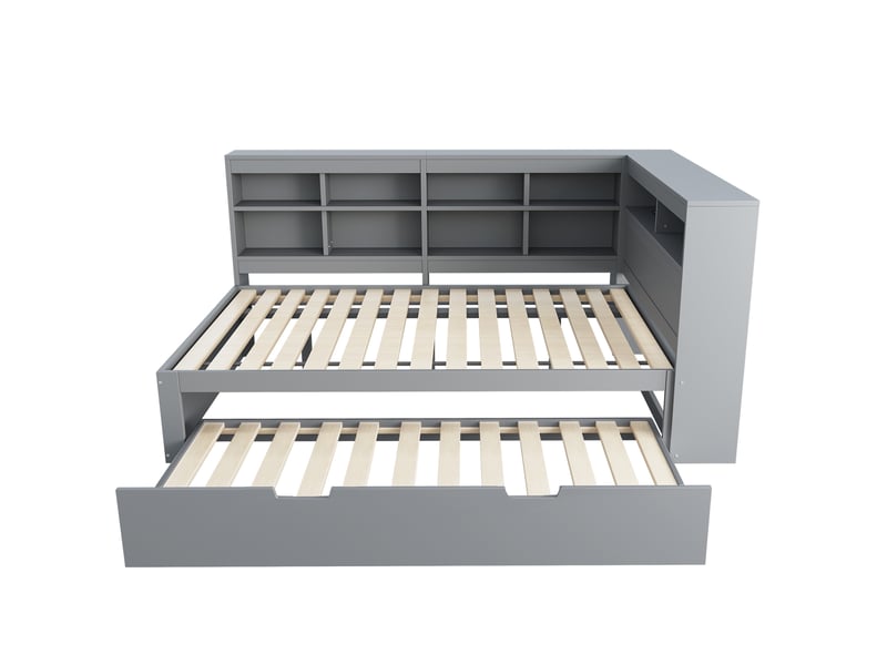 Lit gigogne 140x200 cm avec lit 90x190 cm, prise usb et rangements, gris  - Conforama A