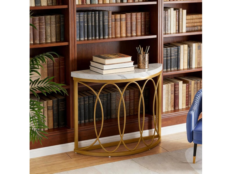 Console demi-lune avec plateau en mdf, structure en métal, pieds antidérapants, style moderne pour entrée, salon et couloir - Conforama E