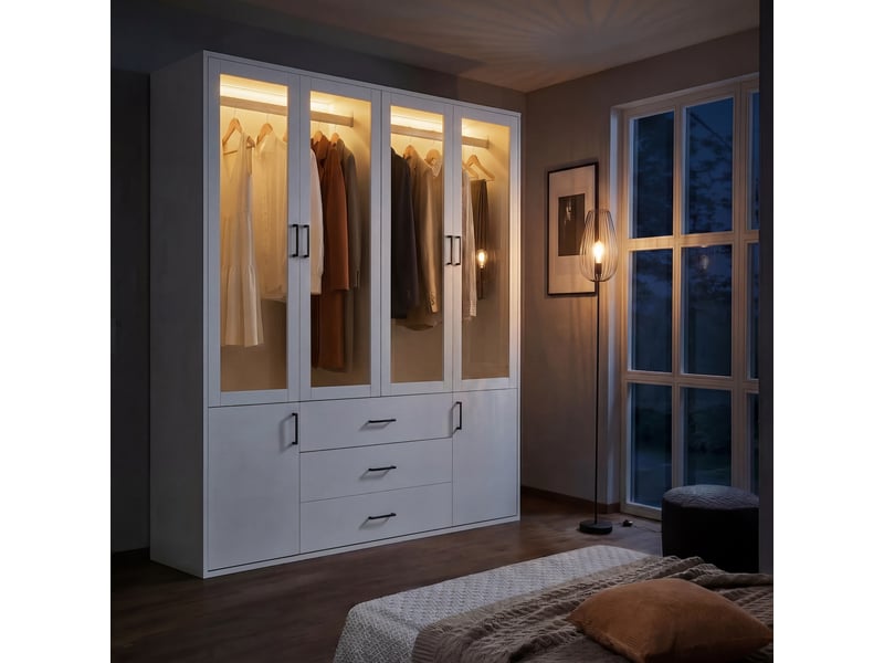  Armoire 4 portes vitrées blanche, éclairage led intégré, 3 tiroirs, grand espace de rangement pour chambre  - Conforama B