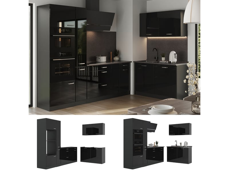  Vicco cuisine en angle, noir haute brillanceanthracite, 230 x 120 cm plan de travail anthracite  - Conforama D