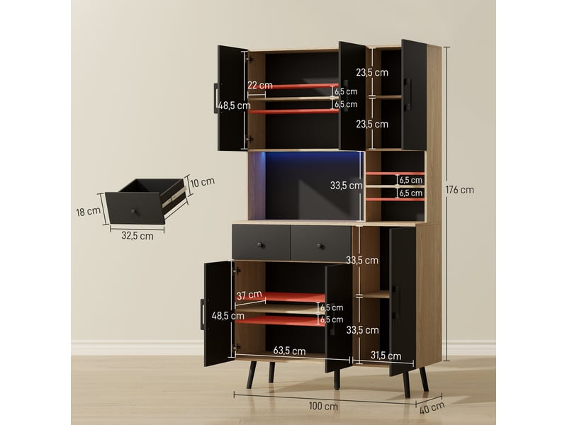  Buffet cuisine meuble cuisine rangement haut avec lumière led rgb plan de travail 6 portes 2 tiroirs 100x40x176cm noir  - Conforama E