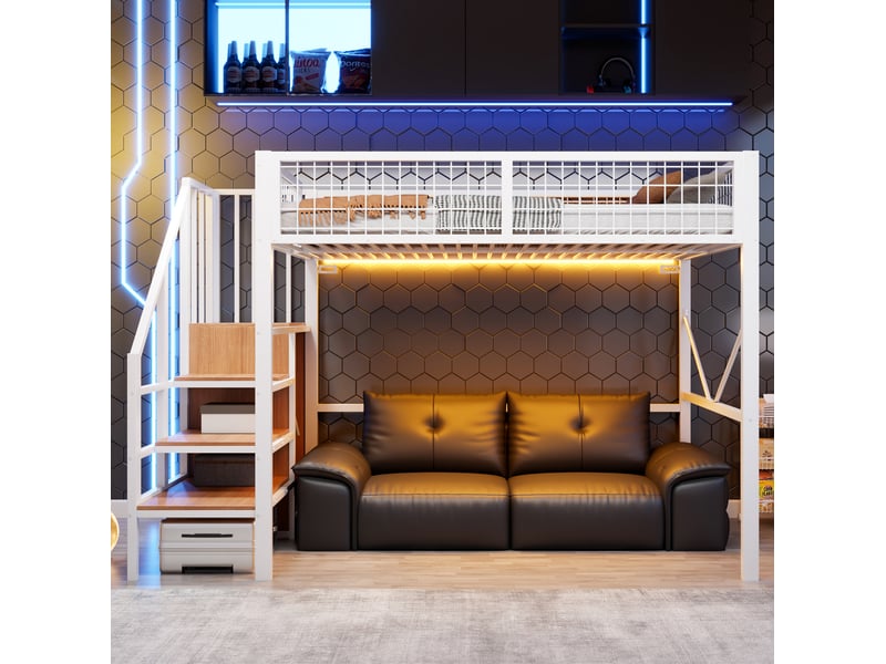  Lit mezzanine 140x200 cm – blanc – échelle avec rangement, penderie, led et garde-corps métal sans matelas  - Conforama B