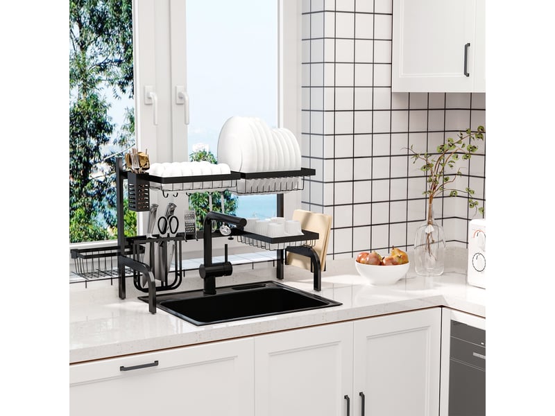 Égouttoir à vaisselle, longueur réglable de 51 à 93 cm, nombreux éléments, agencement flexible, 93 x 30 x 52 cm, noir  - Conforama C