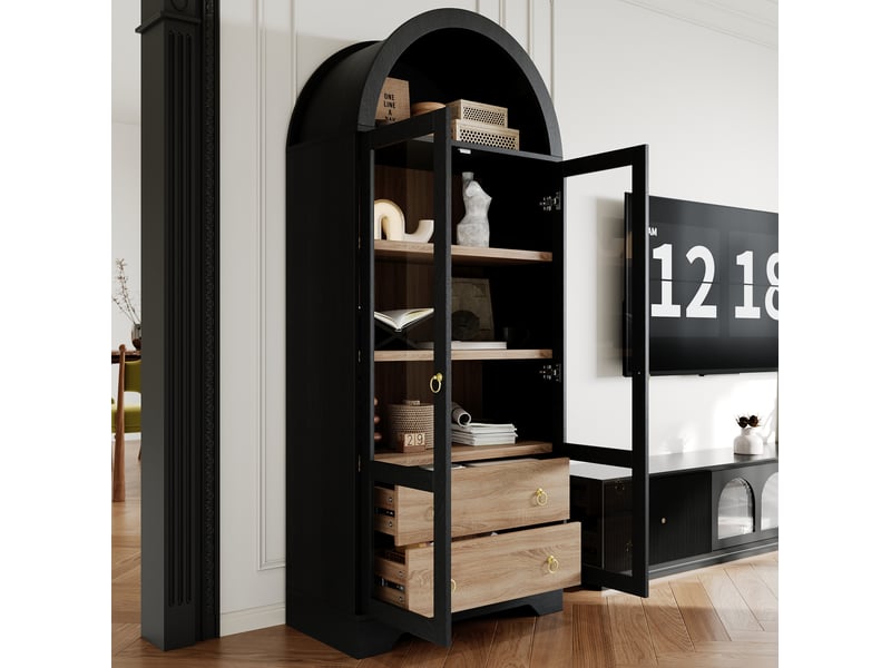  Buffet haut noir 76,2 x 40,1 x 180 cm avec portes en verre et étagères réglables  - Conforama D