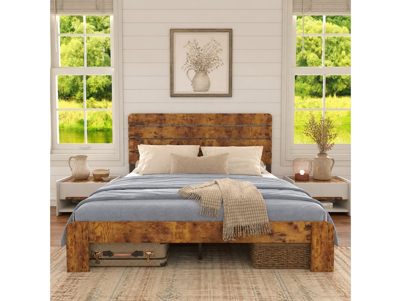  Lit double 140×200 cm tête de lit haute, cadre métal  - sans matelas, mdf et métal - marron  - Conforama C