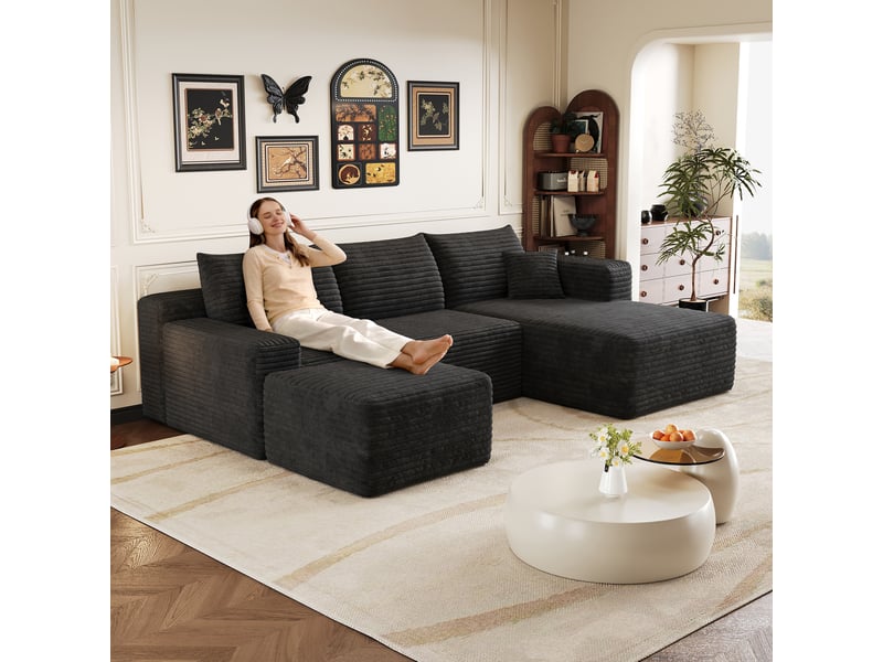  Canapé d’angle noir 4 places en tissu côtelé, 241 cm, assise profonde avec méridienne, mousse haute élasticité, sans montage  - Conforama B