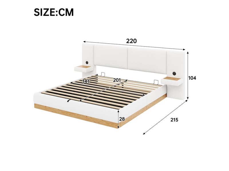 Lit coffre 140 x 200cm, avec étagère sur la tête de lit, port usb, blanc et coloris naturel - Conforama C