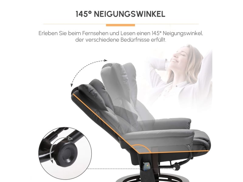 Fauteuil relax massant inclinable 79 x 82 x 101 cm – noir – pivotant 360° avec repose-pieds assorti - Conforama E