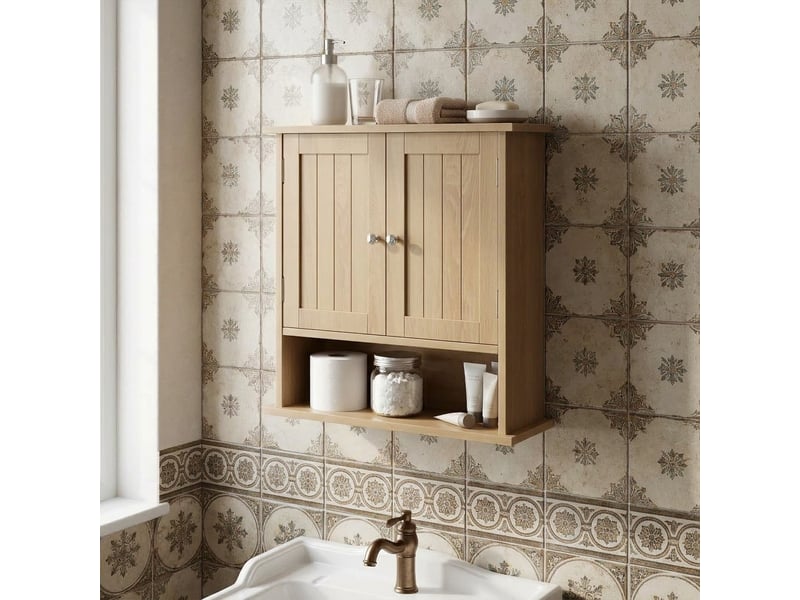 Meuble salle de bains mural en mdf bois clair, 2 portes, niche ouverte, 54,6 × 19,8 × 59,9 cm pour salle d'eau - Conforama E