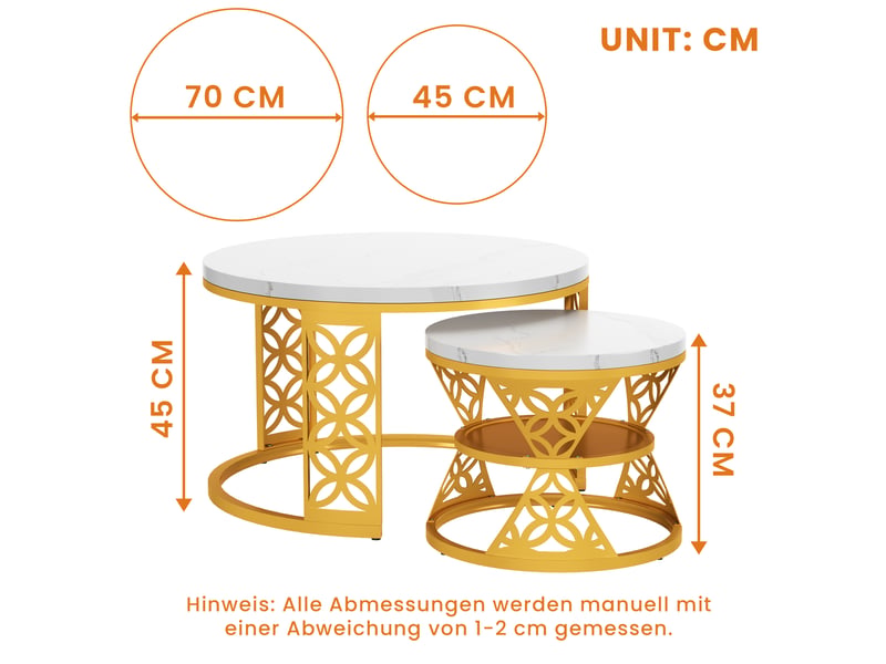  Table basse ulevr gigogne 2 pièces, plateau effet marbre blanc brillant, structure métal dorée, pieds réglables  - Conforama C