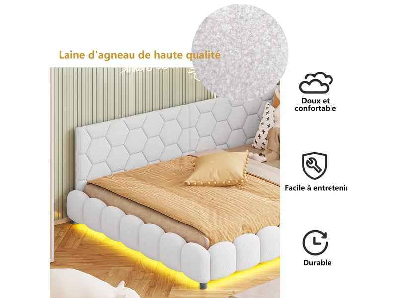  Lit d'angle 140x200 cm avec led et usb,canapé-lit rembourré,lit 2 places,sommier à lattes,lit double,laine d'agneau,blanc  - Conforama E