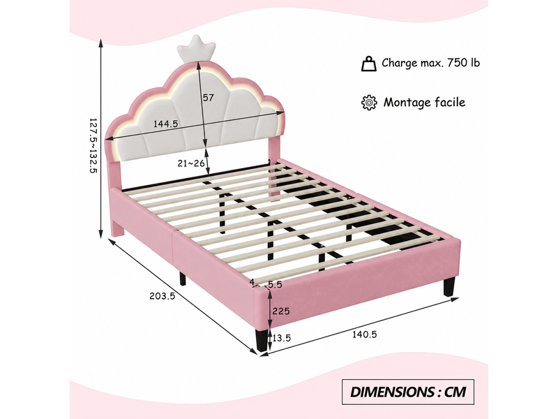  Lit double 140x200 cm avec éclairage led et tête de lit réglable en hauteur, lit capitonné en velours rose, structure de lit avec sommier à lattes  - Conforama C