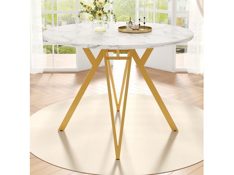  Table de salle à manger ronde 100x100x76 cm mdf doré, aspect marbre, plateau de 2,6 cm d'épaisseur, pieds robustes en métal  - Conforama B