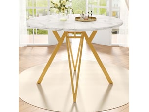 Table de salle à manger ronde 100x100x76 cm mdf doré, aspect marbre, plateau de 2,6 cm d'épaisseur, pieds robustes en métal