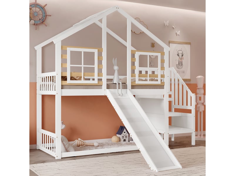 Lit cabane superposé 90 x 200 cm, escalier, rambarde, toboggan, fenêtre, bois massif, blanc - Conforama B