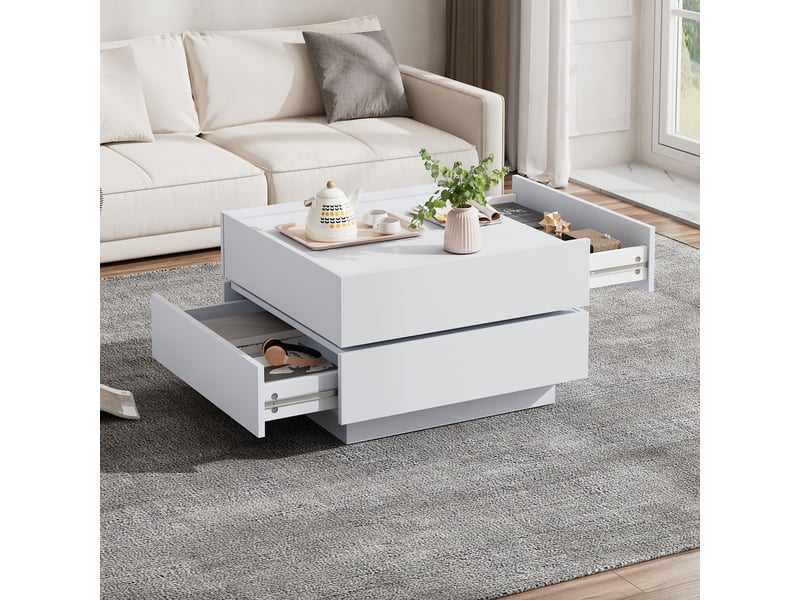  Table basse rotative 360 blanche avec 2 tiroirs de rangement, plateau ajustable, 60x60x38 cm  - Conforama W
