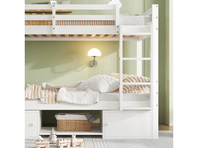  Lit superposé enfant 2 places avec rangements pour chaussures et casiers, séparable en 2 lits, 90×200 cm, sans matelas, blanc  - Conforama E