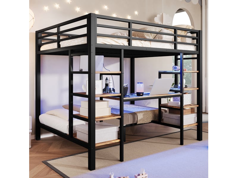  Lit superposé noir 90x200 et 140x200 cm en métal avec rangements, led et ports usb, type-c, sans matelas  - Conforama B