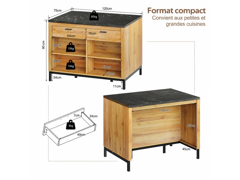  Îlot central de cuisine 120 x 75 x 90 cm, 2 tiroirs, 4 étagères et espace bar, noir et bois naturel  - Conforama D