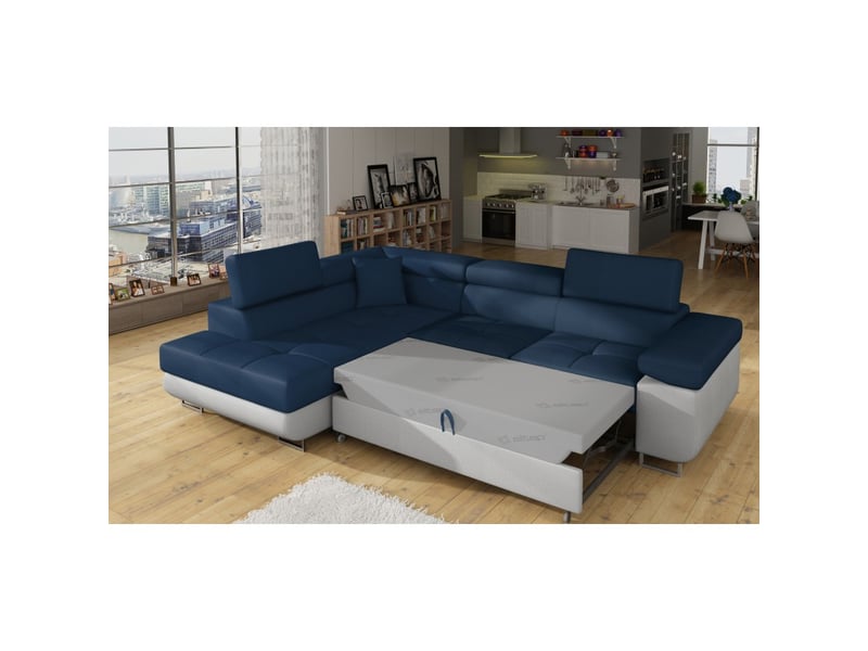  Canapé d'angle convertible menton bleu océan et blanc bouclette – angle gauche avec coffre  - Conforama D