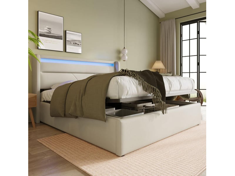  Lit coffre 160 × 200 cm 2 places avec led réglable, rangement hydraulique, matelas inclus, en pu blanc  - Conforama C