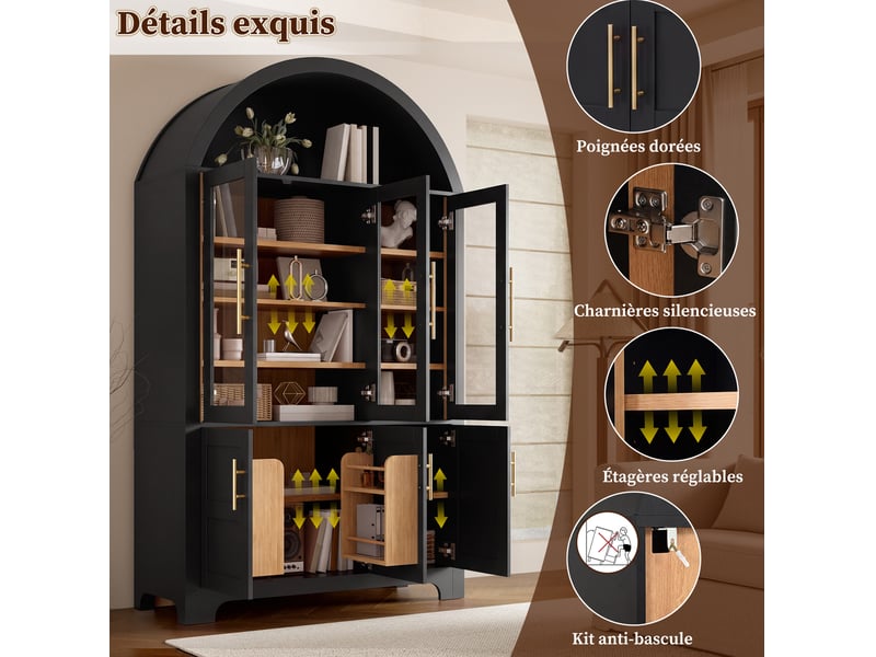  Buffet haut noir avec niche arrondie, 3 portes vitrées, 3 portes pleines, étagères réglables et poignées en aluminium  - Conforama E