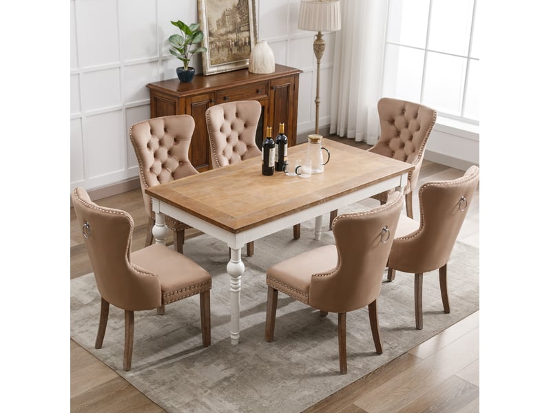  Chaise rembourrée à pieds réglables, clous décoratifs, velours et bois, coloris café clair  - Conforama C