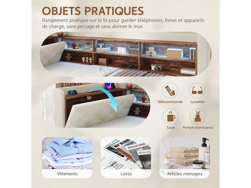  Canapé-lit extensible 90 x 190 cm avec rangement dans l’accoudoir, velours beige  - Conforama E