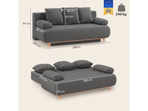 Canapé 2 places, transformable en lit, avec rangement intégré, avec structure en bois, coloris gris, l188 x p100 x h84 cm