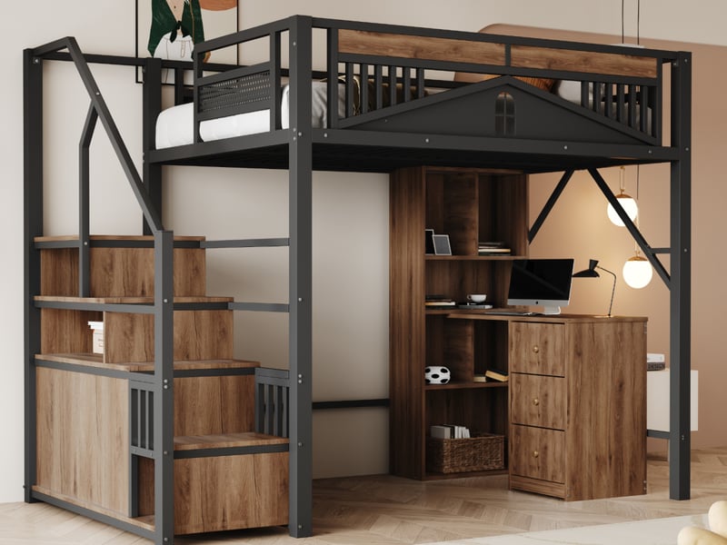  Lit mezzanine en métal 140 x 200 cm, structure de sécurité unique avec fenêtre, échelle sécurisée avec casier, noir  - Conforama B