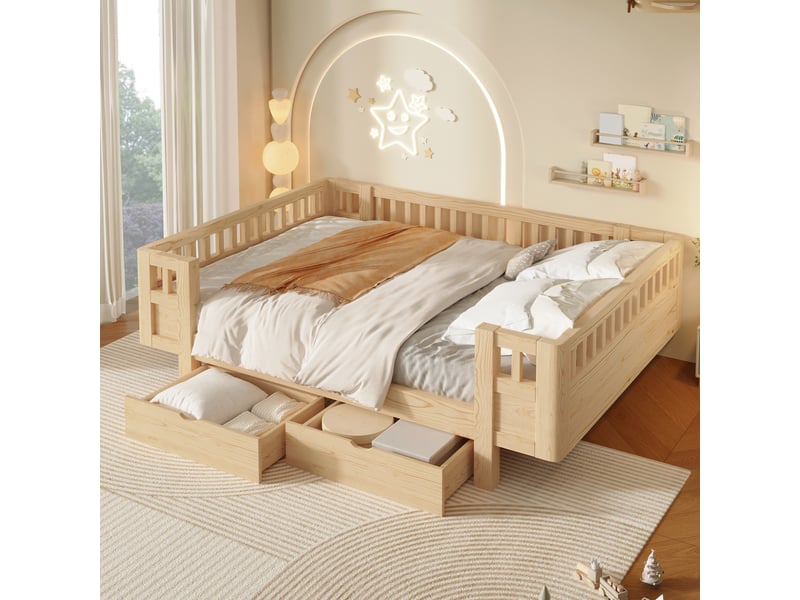  Lit enfant 140 x 200 cm avec barrières de sécurité hautes et 2 grands tiroirs, bois massif et mdf, blanc et effet bois naturel CozyNest - Conforama B