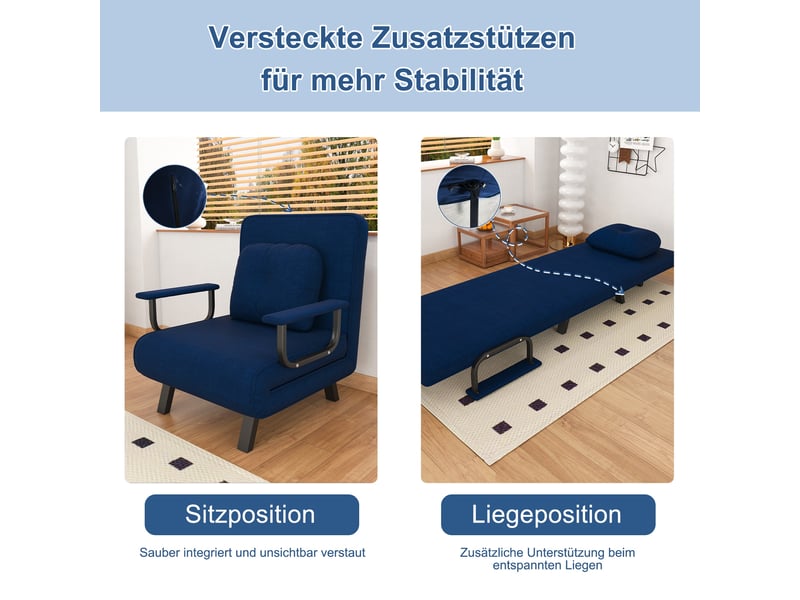  Fauteuil relax convertible - 60x60x80cm - chauffeuse lit 185cm, dossier 5 positions 180°, chenille, métal - bleu  - Conforama D