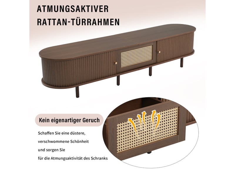  Meuble tv ovale 180 cm noyer foncé et rotin, mdf, pieds réglables, charge maximale 30 kg  - Conforama C