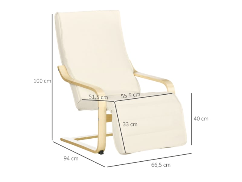 Fauteuil relax crème, repose-pieds réglable, aspect lin, bois de bouleau, 66,5x94x100 cm - Conforama C
