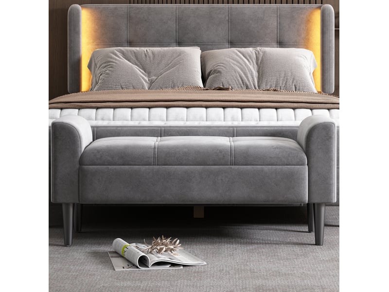  Banc de lit 116x44x56 cm, accoudoirs, motif matelassé, convient à plusieurs styles, mdf, meuble chambre, velours, gris  - Conforama B