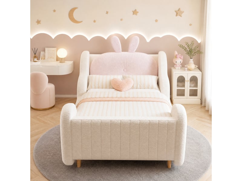  Lit enfant 90x200 cm avec coussin lapin et côtés nuage, tissu teddy blanc  - Conforama D