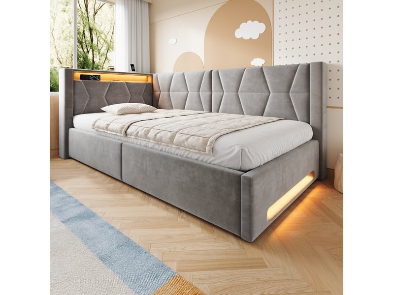  Lit coffre 90x200 cm, métal, velours gris foncé, équipé de sommier à lattes, de tête de lit en l, de led, de port usb et de type-c, sans matelas  - Conforama D