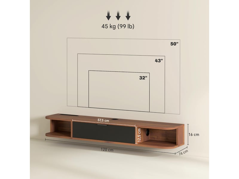  Meuble tv suspendu 1 tiroir rabattable 2 étagères coloris noyer 120 x 24 x 16 cm  - Conforama C