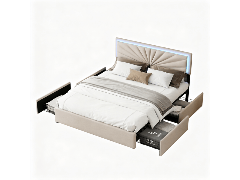  Cadre de lit adulte 160x200 cm avec tête de lit led réglable et 4 tiroirs - sommier à lattes, lin beige, structure renforcée 300 kg  - Conforama A