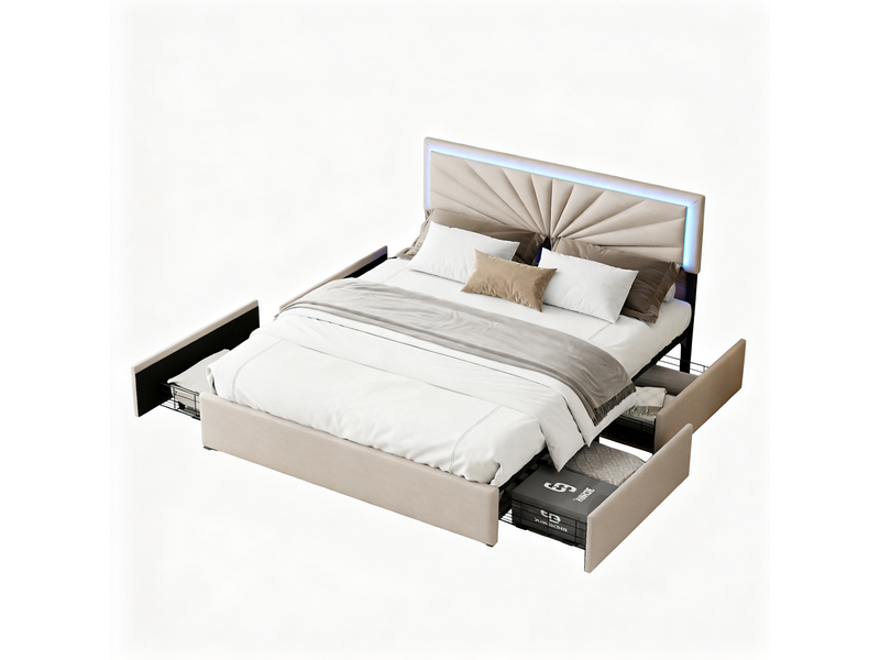  Cadre de lit adulte 160x200 cm avec tête de lit led réglable et 4 tiroirs - sommier à lattes, lin beige, structure renforcée 300 kg  - Conforama A