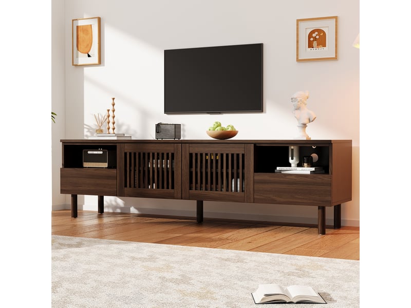  Meuble tv 180 cm en bois mdf, 2 portes grillagées et 2 tiroirs, niches ouvertes, pieds en bois massif, pour téléviseur 55-75 pouces, 180×40×51 cm  - Conforama E