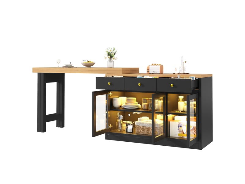 Desserte de cuisine extensible avec 3 tiroirs et 3 portes vitrées, led contrôlée par application, pour cuisine - Conforama A