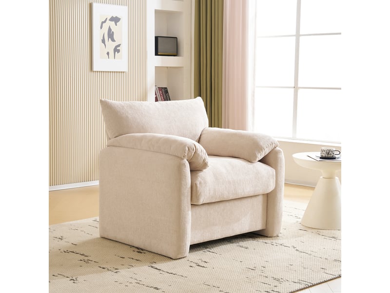  Fauteuil large avec assise profonde, mousse haute élasticité et accoudoirs rembourrés en chenille beige  - Conforama C