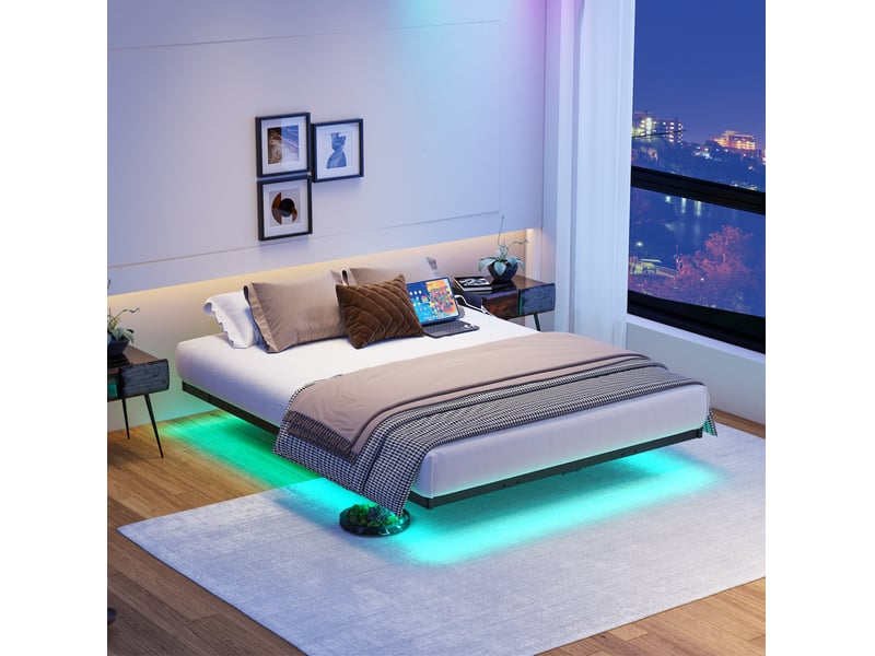  Elvmi lit 120x200 cm effet flottant avec éclairage led multicolore, station de charge 2 prises + 2 usb, structure en métal noir avec sommier à lattes, contrôle par télécommande ou application, silencieux et stable  - Conforama B