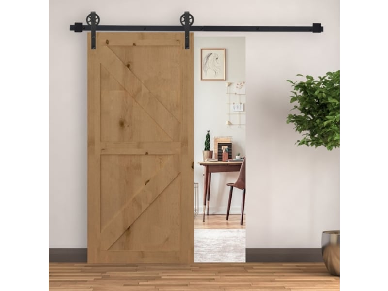  Kit de ferrure pour porte coulissante 200 cm en acier carbone noir avec rail, roulettes, butées, guide au sol et vis, système complet intérieur  - Conforama C
