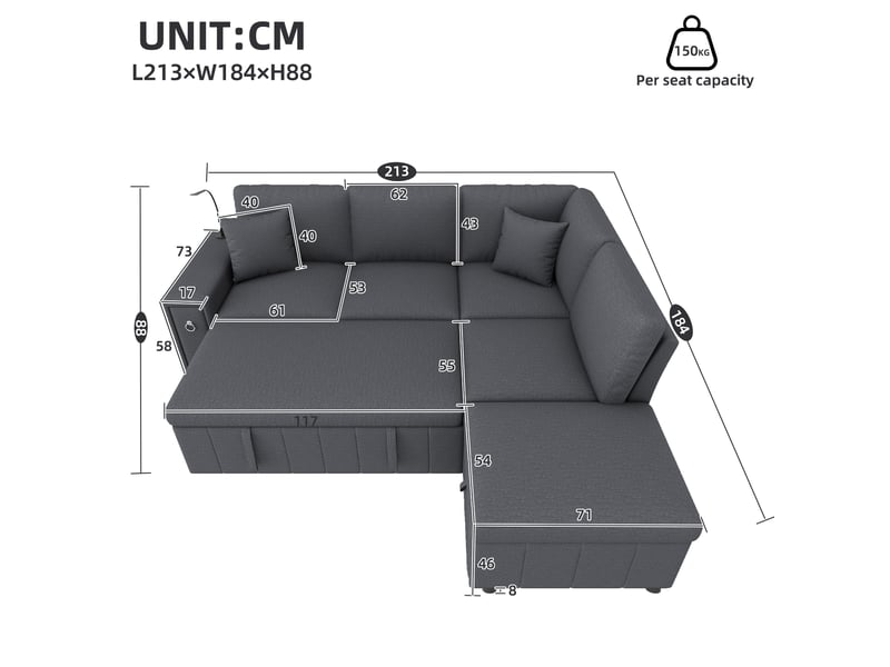  Canapé d'angle 213x184x88cm, table intégrée, connectique usb, éclairage de lecture, pouf inclus, revêtement lin, gris  - Conforama C